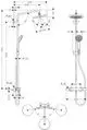 Hansgrohe Duschsystem mit Thermostat, bestehend aus Kopfbrause, Handbrause und Wandhalterung. Sichtbare Rohre und Bedienungselemente im technischen Design.